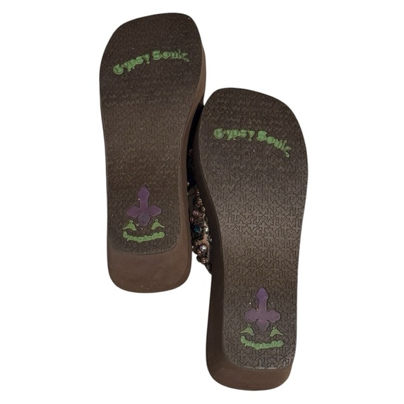 Gypsy Soule Turquoise Fringe Jeweled Wedge Flip-Flops Size 10 - Picture 6 of 7